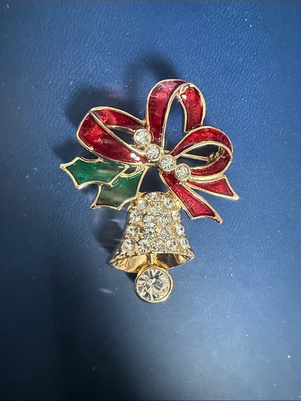 Gold-Tone Red & Green Holiday Bell Brooch with Clear Crystals
